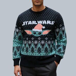 STAR WARS Men's Mandalorian Baby Yoda Santa Knit Ugly Christmas Sweater Lrg NWT